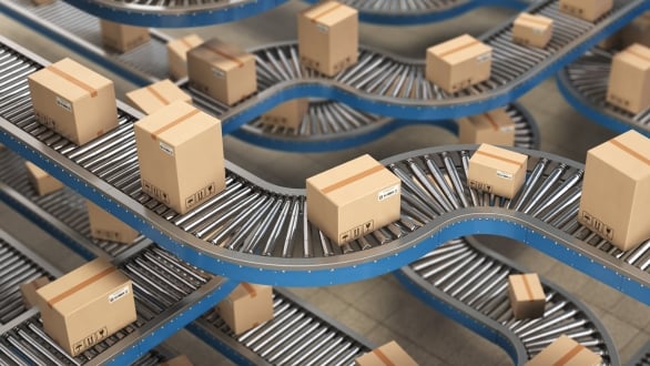 Boxes being processed through the conveyor belt of a distribution center. 